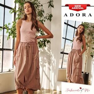 ADORA Drawstring Detail Elastic Waist Sleeveless Pockets Washed Dress | Mauve